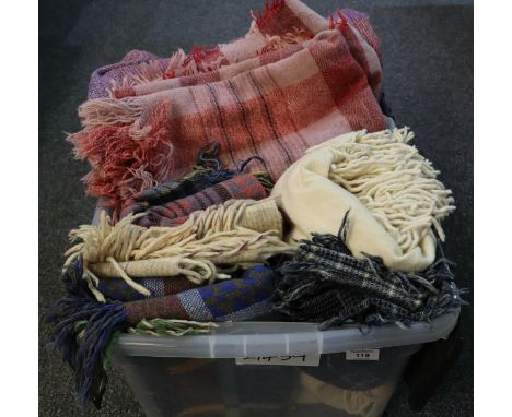 Box of vintage wool blankets and throws to include; two pink ground check blankets, one cream throw, three check throws in va