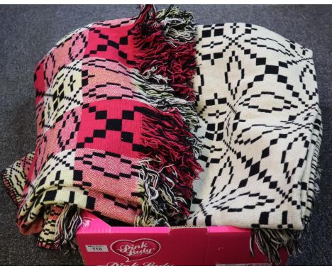 Two vintage woollen geometric design Welsh tapestry blankets, one pink ground the other cream. (2) (B.P. 24% incl. VAT) No ho