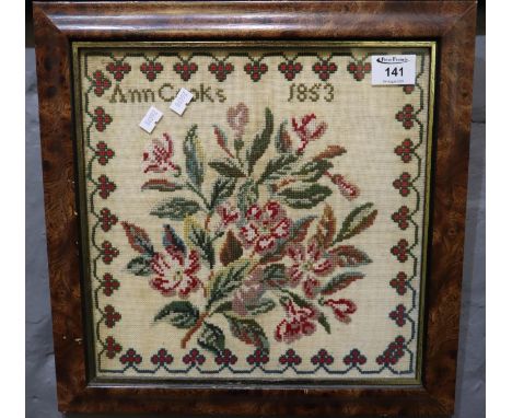 19th Century tapestry sampler by Ann Cooks dated 1853, 31 x 30cm approx. Modern frame.(B.P. 24% incl. VAT) 