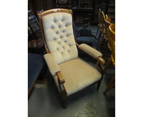 Late Victorian mahogany framed button back upholstered fireside open armchair.(B.P. 24% incl. VAT) 