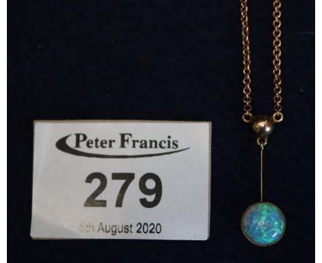 A 9ct gold opal pendant on 9ct chain. 4.4g approx. (B.P. 24% incl. VAT)The opal has no apparent damage. Stamped 9ct on clasp 