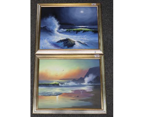 R Long (20th Century), beach scenes with breaking surf, pair, signed, oils on canvas. 40 x 50cm approx. Framed. (2)(B.P. 24% 