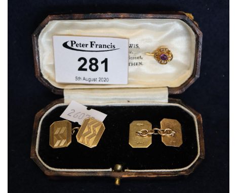 A pair of 9ct gold cufflinks and an amethyst set 9ct pin. 6.1g total approx weight. (B.P. 24% incl. VAT) 