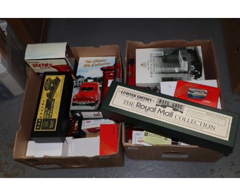 Two boxes of diecast model vehicles in original boxes including; Royal Mail collections, Days Gone six Mail vans on a rosewoo