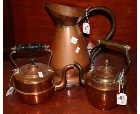 Vintage copper conical shaped jug, together with two similar copper and brass teapots. (3)(B.P. 24% incl. VAT) 