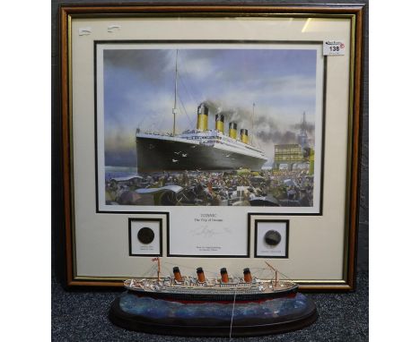After Timothy O'Brien, 'Titanic the ship of dreams', limited edition coloured print, featuring 1912 copper penny coin and sup