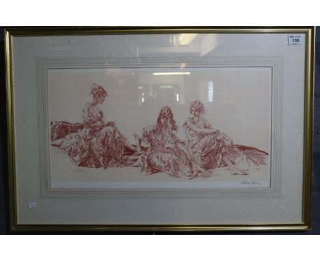 After Sir William Russel Flint, portrait of three women in long dresses, signed by the artist in pencil, sepia toned print, w
