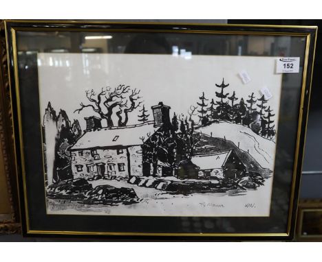 After Kyffin Williams (Welsh 20th Century), 'Ty Mawr', monochrome print, signed in the plate. 28 x 40cm approx, framed and gl
