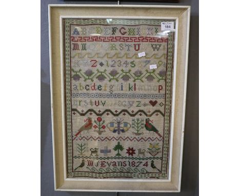 19th Century tapestry sampler by M.J Evans dated 1874. 50 x 34cm approx, framed and glazed. (B.P. 24% incl. VAT) 