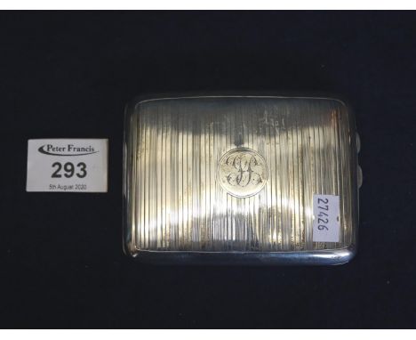 Large engine turned silver rectangular cigarette case with engraved initials and presentation text dated 1946. Birmingham hal