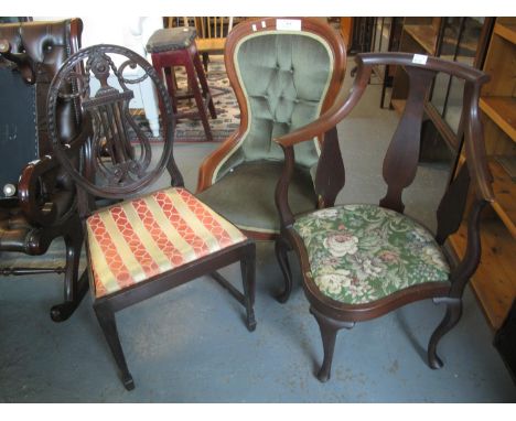 Victorian style mahogany framed button back bedroom chair, together with a pair of mahogany Edwardian slat back armchairs and