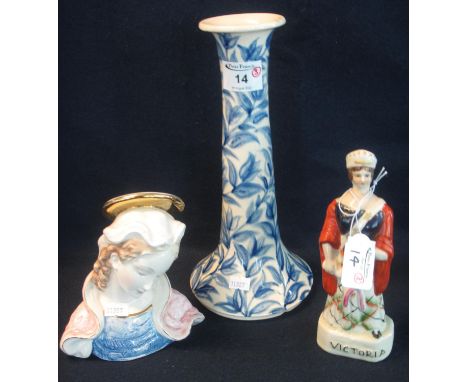 Three ceramic items to include; an Italian bust of a young female, Victoria Staffordshire style figurine and a blue and white