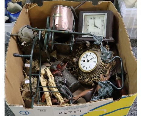 Box of assorted items to include; modern lantern type clocks marked Swiza, Smith's bakelite mantel clock, copper cider measur