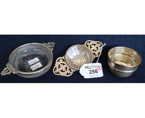 Small sterling silver marked tea strainer with companion bowl, also bearing Sheffield hallmarks. Together with a cut glass tw