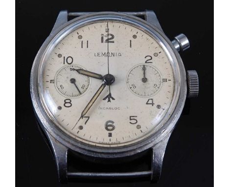 A Gentleman's Lemania Military Issue steel cased Pilot/Navigators monopusher chronograph wristwatch, circa 1962, having an of