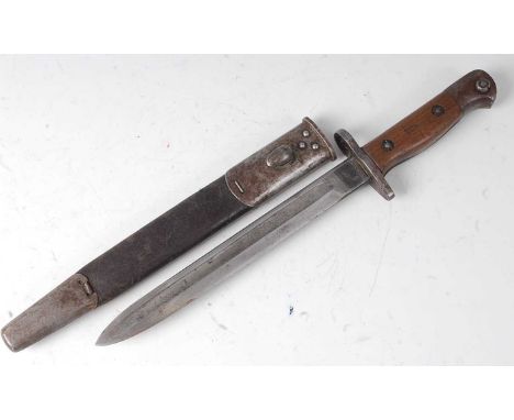 A British 1907 pattern bayonet, the 23cm blade cut down to form a trench knife, stamped to the ricasso Wilkinson with various