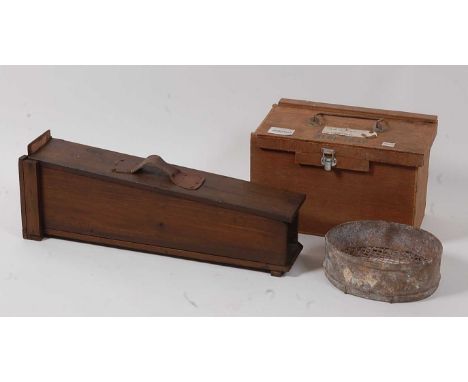 * A stained pine 'Whitlock' style see-saw live catch rat trap, 54cm; together with an Albi-trap; and a galvanised trappers si