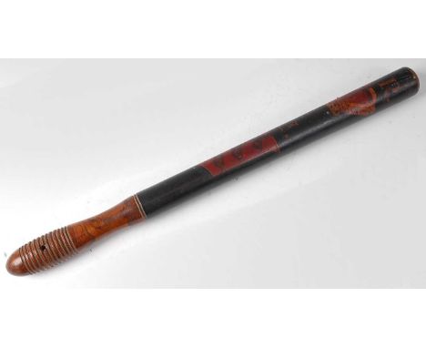 A 19th century turned ash? Essex Constabulary policeman's truncheon, polychrome painted with GR over a crown with St. M.I. an