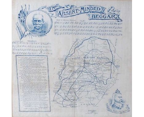 A Boer War cotton handkerchief printed with portraits of Lord Roberts and Queen Victoria with a map of Southern Africa and Ki