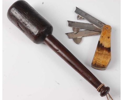 * A 19th century veterinary fleam, having three folding steel blades each marked Borwick Cast Steel, with horn handles, 9cm (