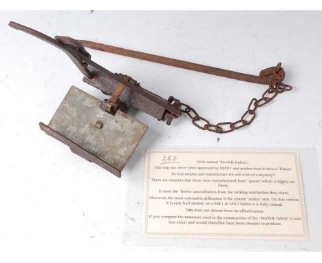 * A Norfolk Imbra type rabbit trap with chain and anchor pin, unmarked.Condition report: From ‘A Broad Collection from a life