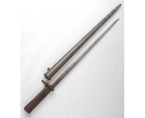 A variant of a WW I Ersatz bayonet, having a 45cm cruciform blade and green painted grip, housed in a green painted scabbard,