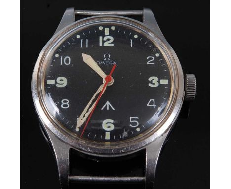 A Gentleman's Omega Military Issue steel cased Pilot/Navigators wristwatch, circa 1956, having a black dial with Arabic numer