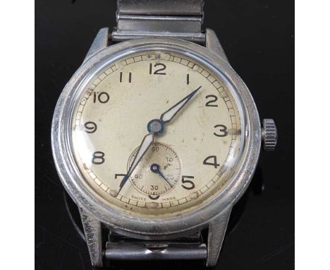 A WW II period gent's military issue steel cased wristwatch, having an unsigned silvered dial with Arabic numerals and subsid