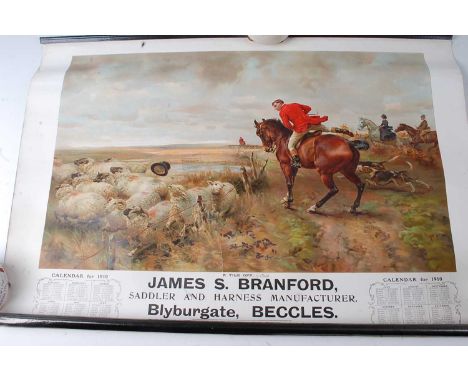 A 1910 advertising calendar for James S. Branford, Saddler and Harness Manufacturer, Blyburgate, Beccles, showing a print aft