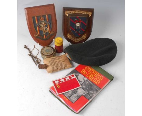 A small collection of miscellaneous militaria to include a Royal Signals beret, a Mk I decontamination kit and Royal Army Ord