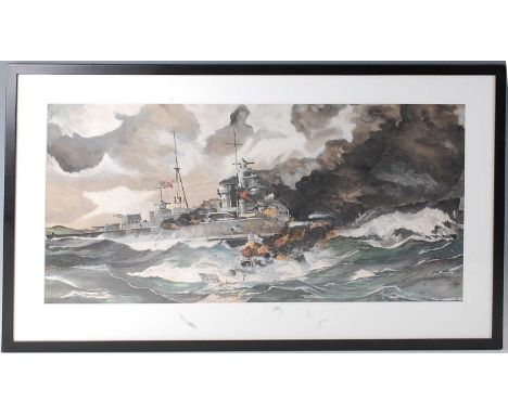 Sims, (20th century), Naval scene showing the German Heavy Cruiser Admiral Hipper and the sinking HMS Glow-worm, signed and d