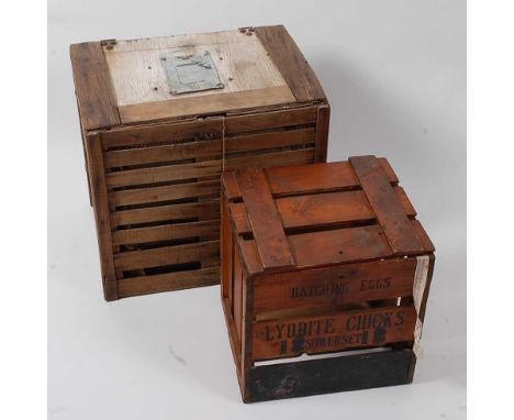 * A mid-20th century slatted wooden egg-hatching crate, stamped 'Lyddite Chicks, Somerset', w.37cm; together with a slatted w