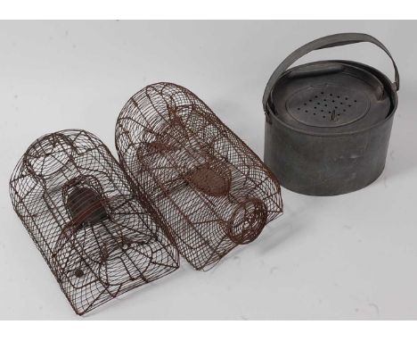 * A matched pair of Henri Marty wirework cage traps, w.40cm; together with a galvanised live bait kettle (3)Condition report: