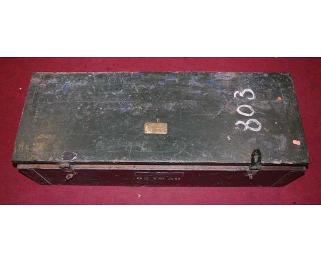 A green painted oak military trunk, the interior lid with paper label for blow pipe tips and cutter nozzles, bearing a brass 