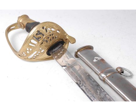 A reproduction U.S. Cavalry type sword, having a 77cm etched blade with brass hilt and leather bound grip, housed in a steel 