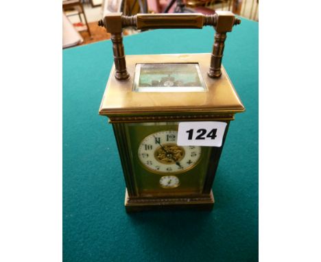 19thC French Brass carriage clock with enamelled dial complete with key
