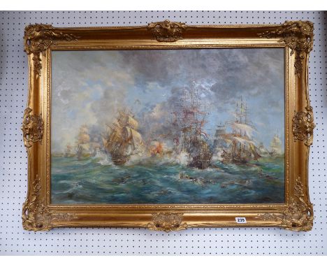 M J Rendell; Oil on canvas of the British and French Navy's at battle signed to bottom left, Ornate gilt framed, 75 x 50cm