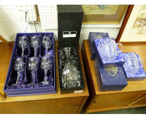 Boxed Royal Doulton Hand Cut Crystal decanter, boxed set of Edinburgh Crystal wine glasses and 2 boxed Watford Crystal tankar