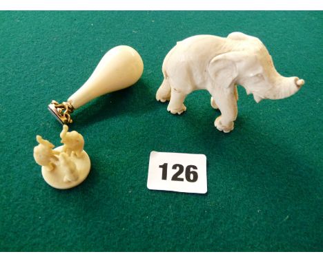 Georgian Ivory Seal with yellow metal scroll setting, Ivory carved Elephant and a Faux elephant, Condition - Elephant missing