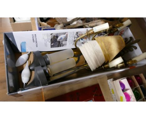 Box of light fittings, including brass wall mounted candle sconces