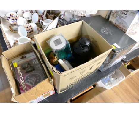 Solar powered wall light, mini security camera and box of lanterns, figures etc