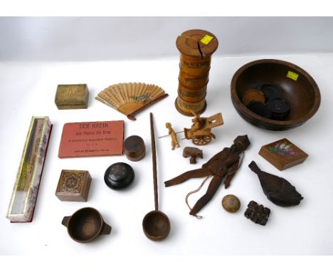 Treen spice tower (AF), quantity of wooden boxes, bowls, puppet, carved fish, oriental fans, wooden turned bowl etc
