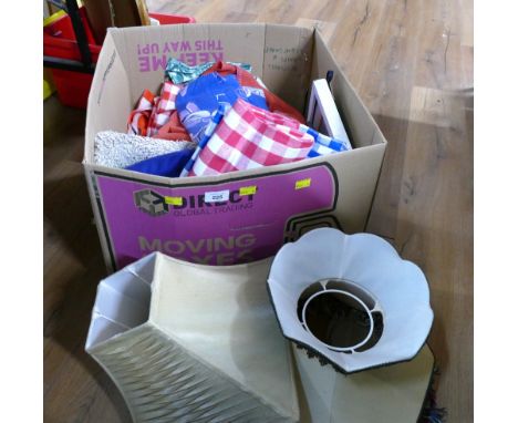 Lamp shade and box of fabric and table linens