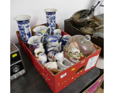 Box of antique jugs, Oriental ceramic vases, dog ornaments etc (some AF)