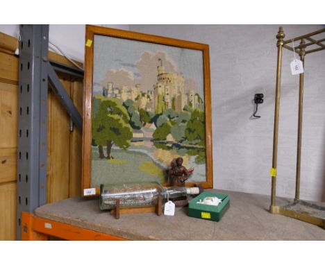 Tapestry castle firescreen, ship in bottle, woman figurine and miniature boxed three piece tea set