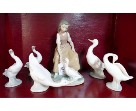Six Nao figurines, geese and girl feeding goose