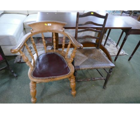 Light wooden bentwood captain's chair and ladderback rush seated chair