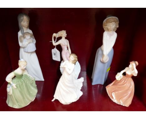 Six figurines including Royal Doulton Fair Maiden, Nao, Royal Doulton Sea Sprite etc