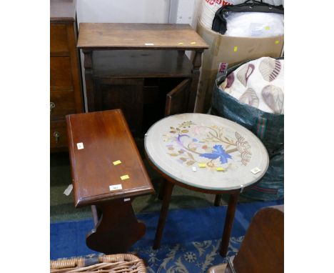 Oak side table, round tapestry top occasional table and mahogany magazine rack