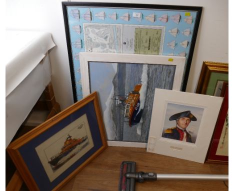 Four maritime themed pictures including America's Cup Race 1992, lifeboat tapestry and oil painting